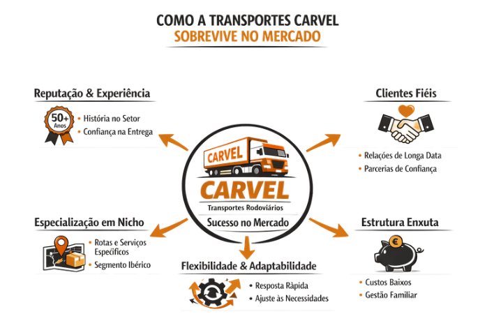Esquema dos cinco pilares da Transportes Carvel: reputação, clientes fiéis, especialização em nicho, flexibilidade e estrutura enxuta