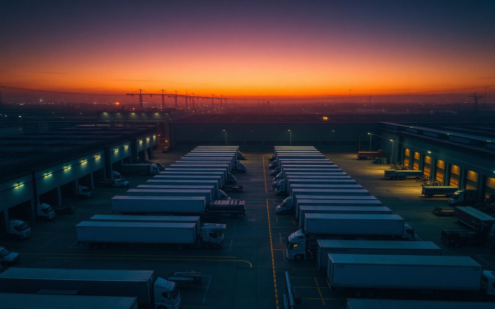 Centro logístico da Transportes Carvel ao pôr-do-sol